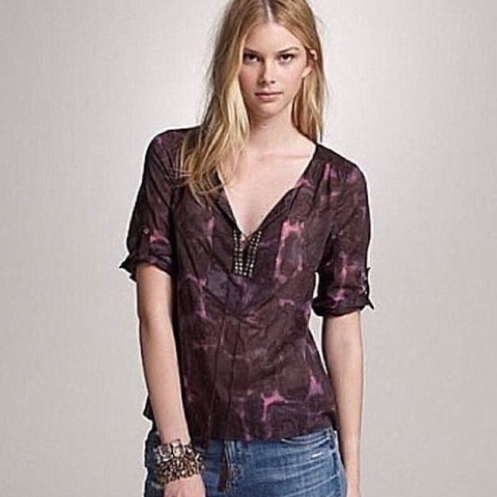 J. Crew Purple “Ink Blossom” Tie Dye Roll-Up Sleeve Blouse Size 2